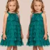 Vestido Infantil Bambollina Verde Kentucky Sobrep.Tule Poá Camadas Laço Lateral Strass Estrela