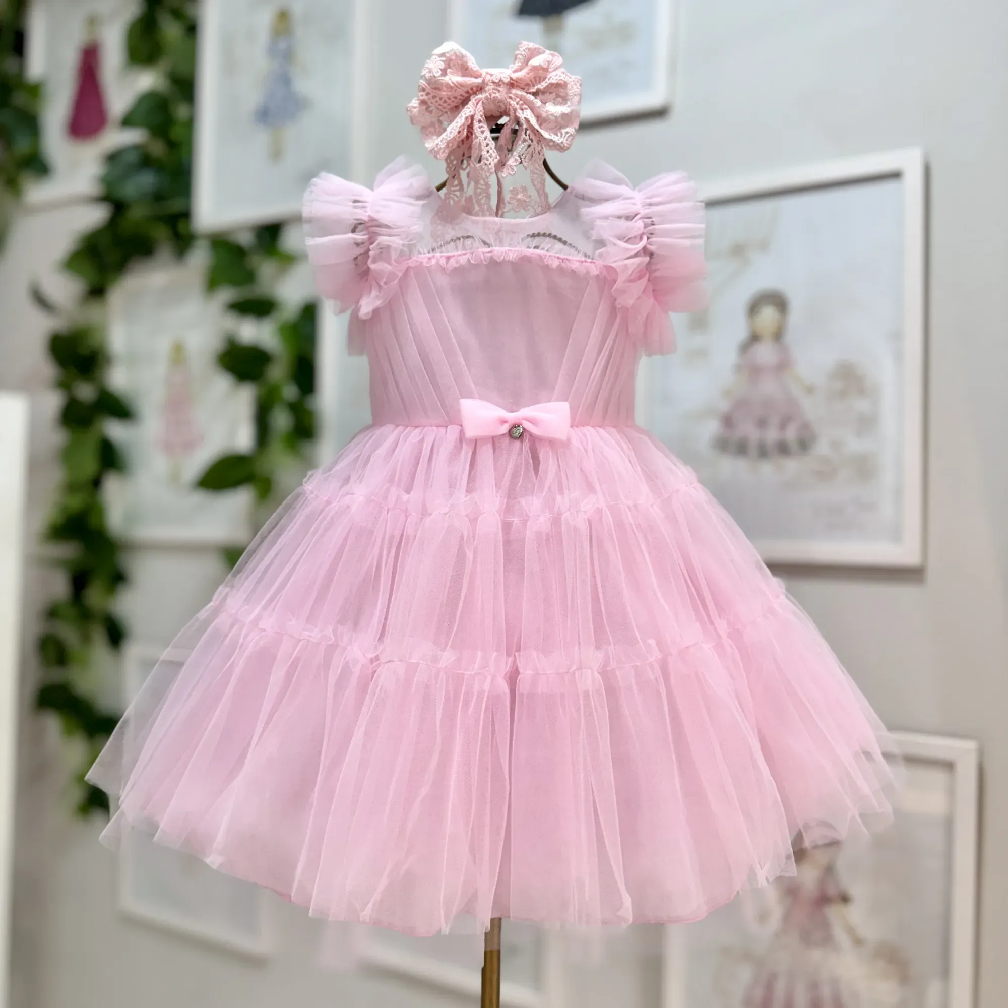 Vestido Infantil de Festa em Tule Rosa com Babados e Laço na Cintura Petit Cherie