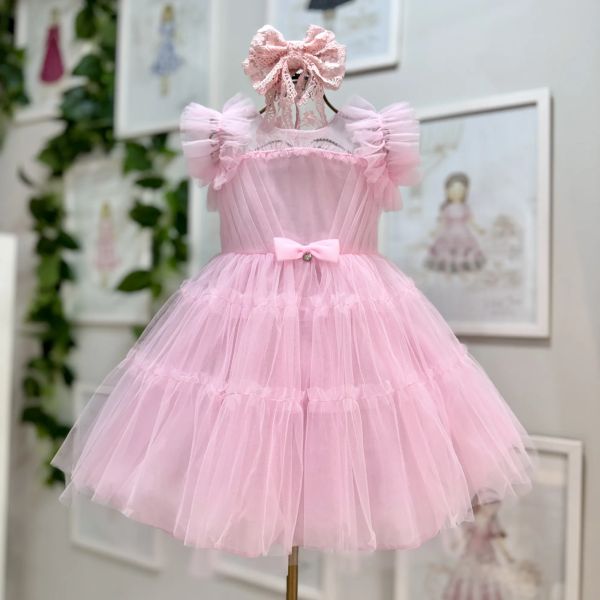 Vestido Infantil de Festa em Tule Rosa com Babados e Laço na Cintura Petit Cherie