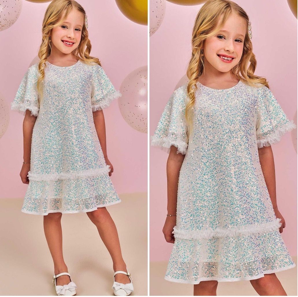 Vestido Infantil de Festa Kukiê Off-White Sobrep. Tulê Bordado Paetês 