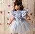 Vestido Infantil de Festa Luxo Kopela Azul Saia e Manga Tule Babados Borboletas Bordadas e Laço