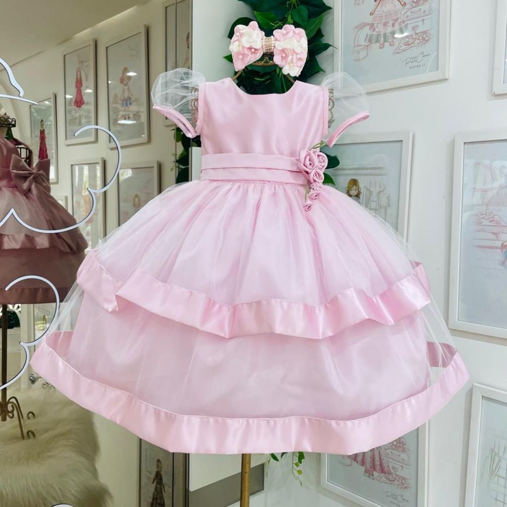 Vestido Laise Luxo Infantil Rosa Bebê Menina Roupa Princesa