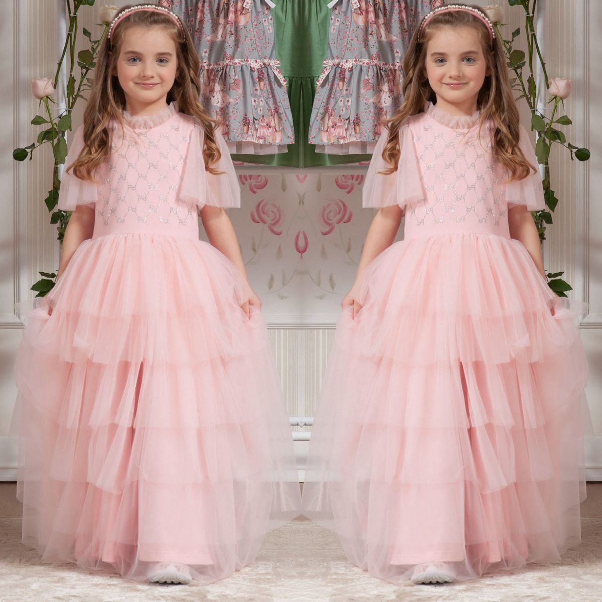 Vestido Infantil De Festa Luxo Pituchinhus Rosê Sobrep. Tule Strass Manga Tule Strass Longo