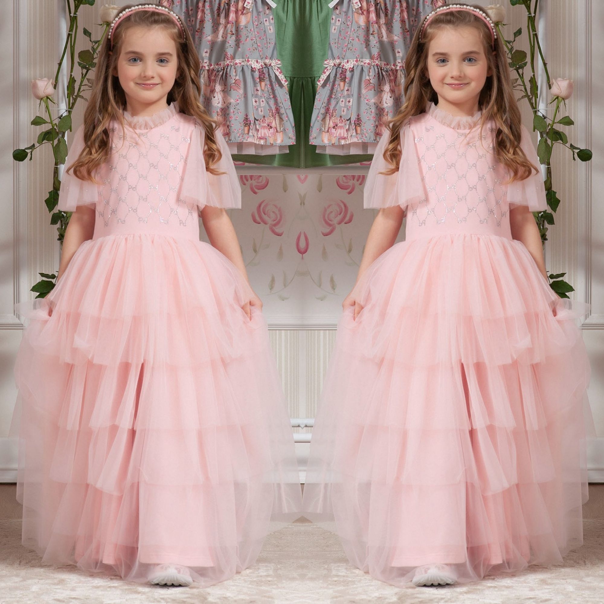 Vestido Infantil De Festa Luxo Pituchinhus Rosê Sobrep. Tule Strass Manga Tule Strass Longo