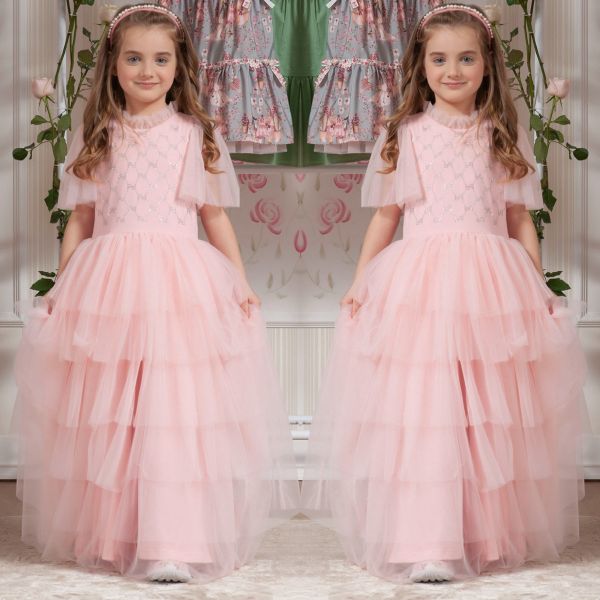 Vestido Infantil De Festa Luxo Pituchinhus Rosê Sobrep. Tule Strass Manga Tule Strass Longo