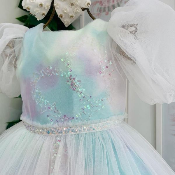 Vestido Frozen com Tule Sobre a Saia: Meninas de 6m a 10 Anos