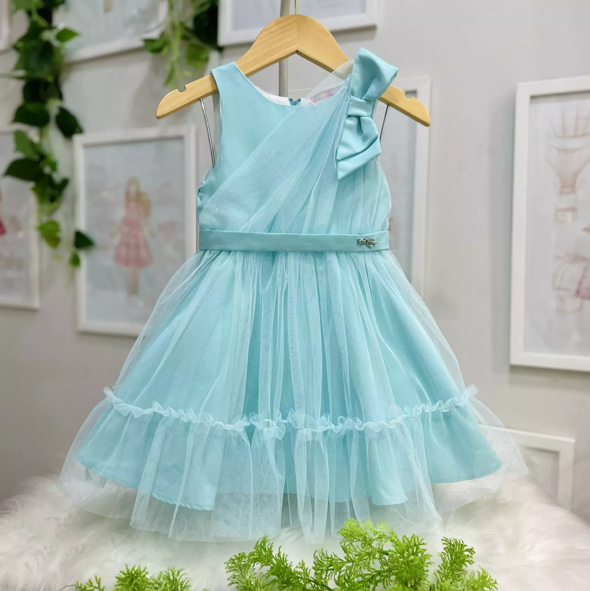 Vestido Infantil de Festa Mon Sucré Azul Sobrep. Tule com Laço e Cinto