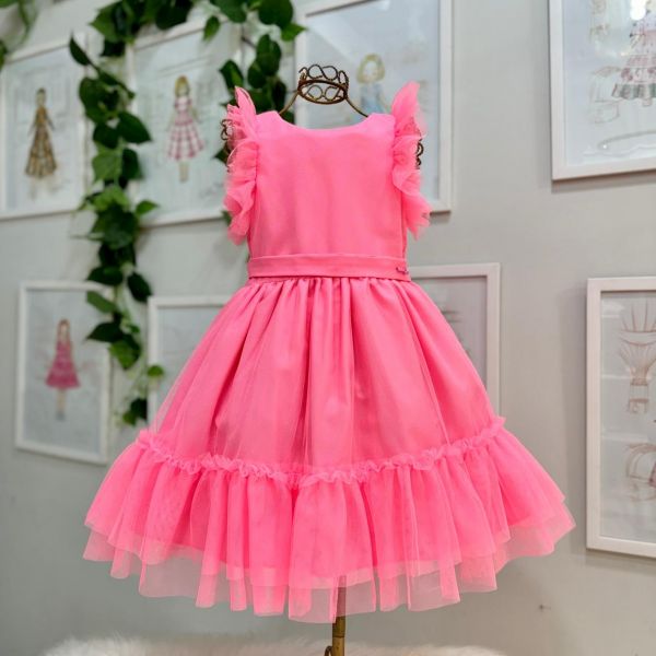 Vestido Infantil de Festa Mon Sucré Rosa Neon Sobrep. Tule Manga Babado