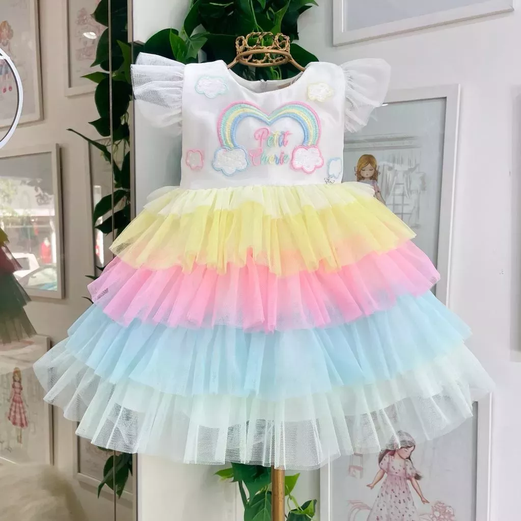 Vestido Infantil de Festa Petit Cherie Arco- Íris com Camadas em Tule Colorido