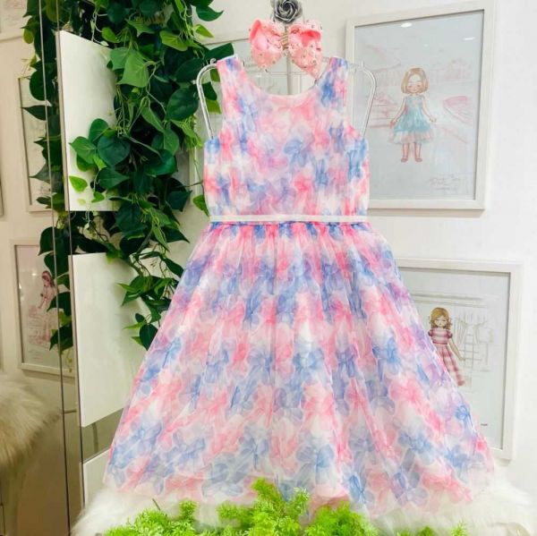 Vestido Infantil de Festa Petit Cherie Branco com Sobrep. em Tule Estampado Lacinhos Coloridos 