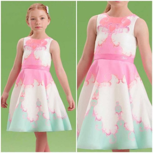 Vestido Infantil de Festa Petit Cherie Branco Verão Verde e Rosa 