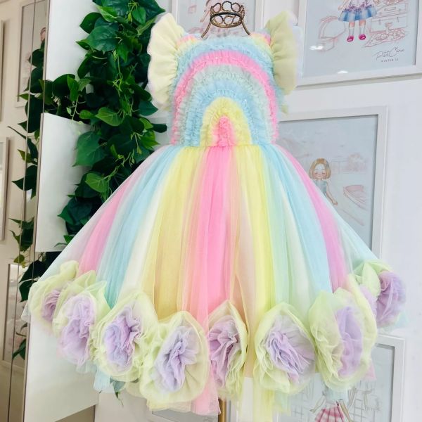 Vestido de Princesa Renda Tule Arco Íris Infantil - Festivo Festas