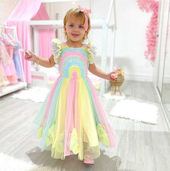 Vestido de Princesa Renda Tule Arco Íris Infantil - Festivo Festas