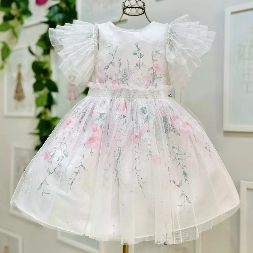 Vestido Infantil de Festa Petit Cherie Duas Peças Off-White Floral Sobrep. Tule Manga Fru Fru