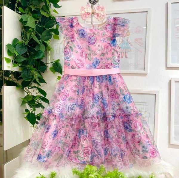 Vestido Infantil de Festa Petit Cherie Jardim de Rosas com Sobreposição em Tule 