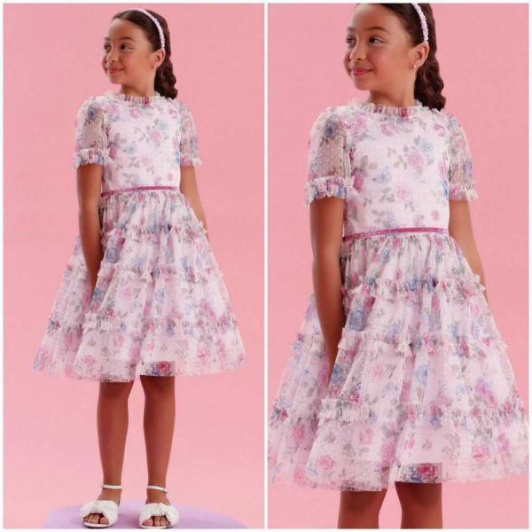 Vestido Infantil de Festa Petit Cherie Lilás com Rosas Babados e Tule Texturizado  