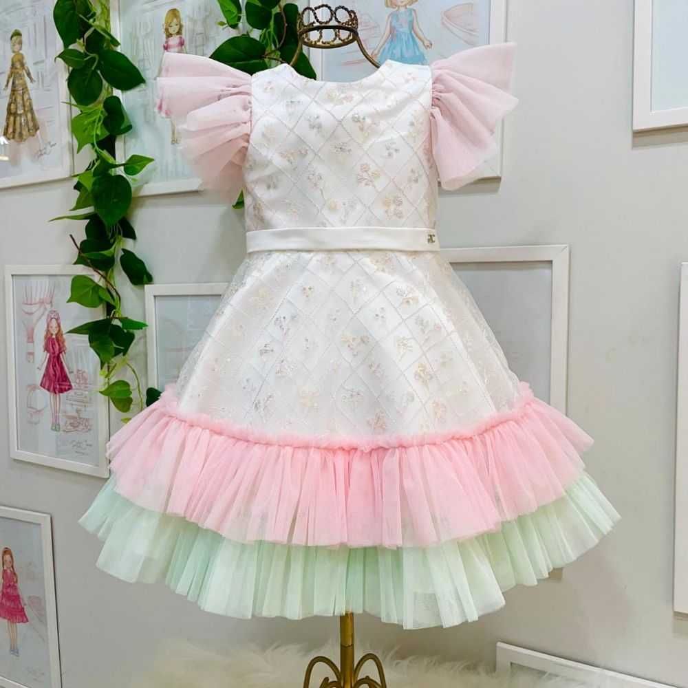 Vestido Infantil de Festa Petit Cherie Off-White com Sobrep.Tule Bordado Floral Paete e Faixa Branca