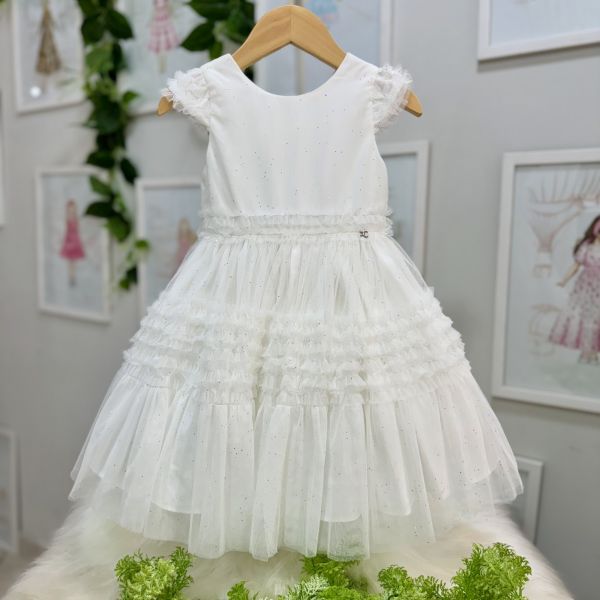 Vestido Infantil de Festa Petit Cherie Off-White Sobrep. Tule Brilho Manga Japonesa