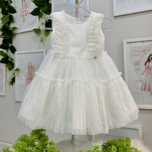 Vestido Infantil de Festa Petit Cherie Off-White Sobrep. Tule Brilhos e Babados