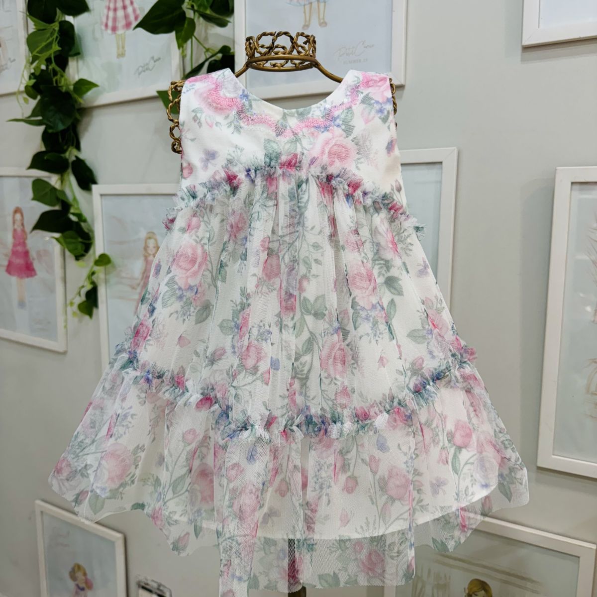 Vestido Infantil de Festa Petit Cherie Off-White Sobrep. Tule Floral Bordado Paetês