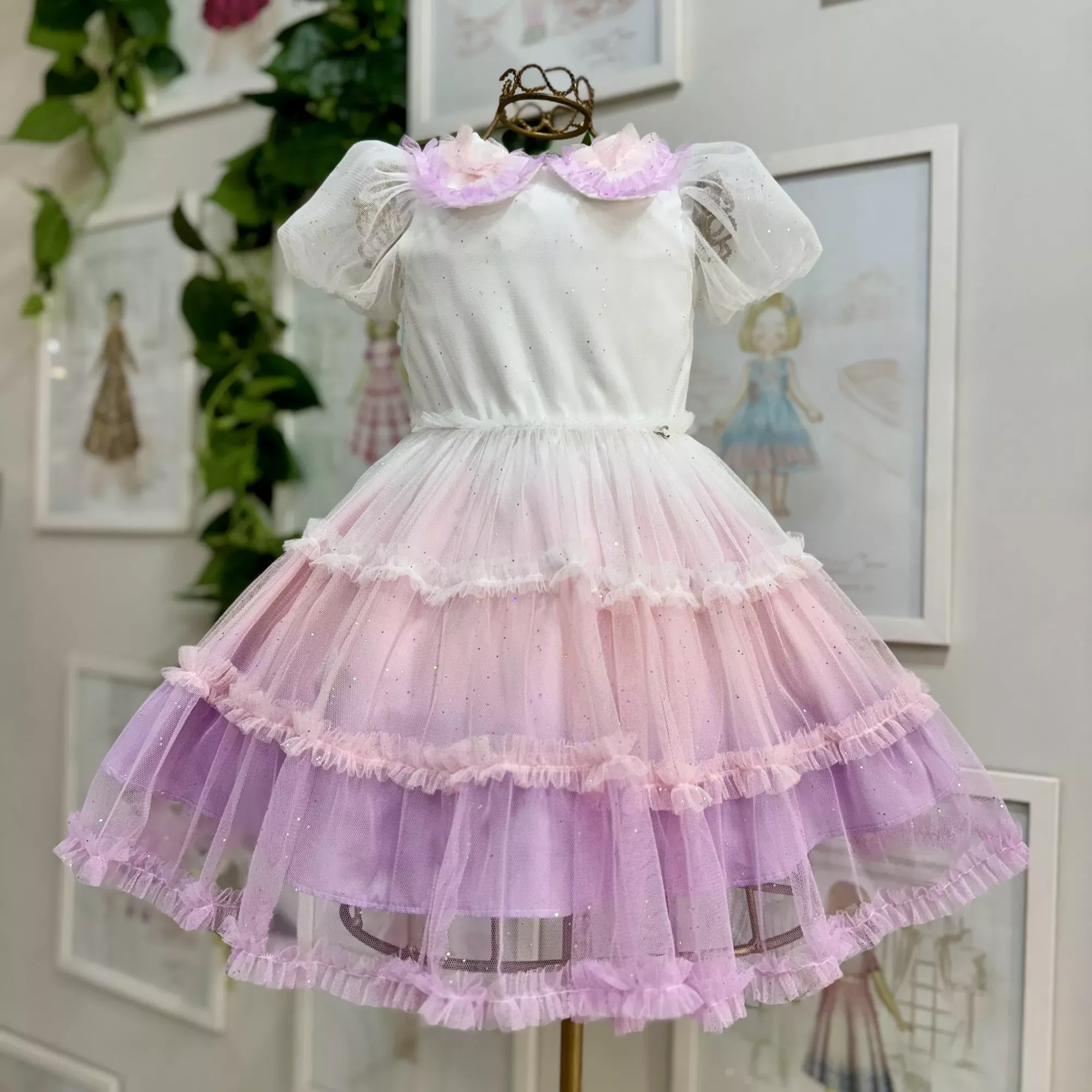 Vestido Infantil de Festa Petit Cherie Off-White Sobrep. Tule Três Marias Rosa e Lilás