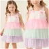 Vestido Infantil de Festa Petit Cherie Off-White Sobrep.Tule Brilho Três Marias Roxo Rosa Verde Laço