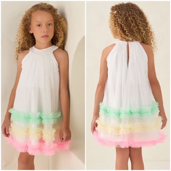 Vestido Infantil de Festa Petit Cherie Off-White Tule Rosa Amarelo Verde Neon Brilho Bordado Paetês