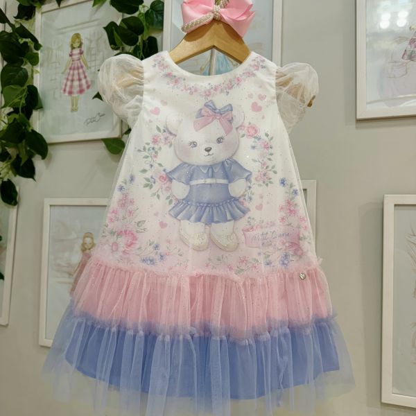 Vestido Infantil  Petit Cherie Off-White Ursinha Floral Sobrep.Tule Brilho Camadas Azul Rosa