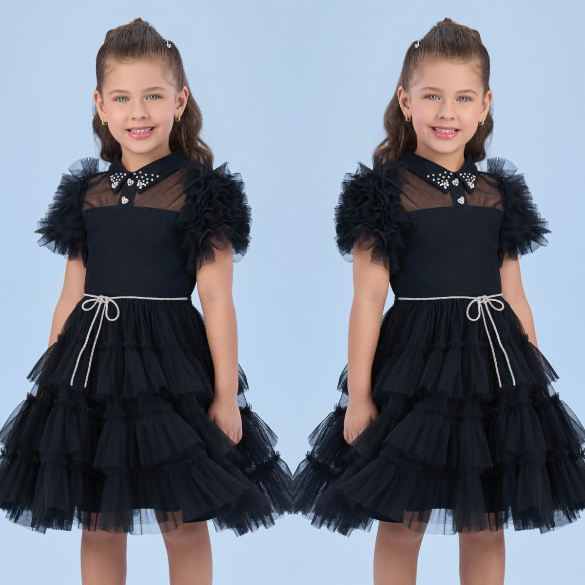 Vestido Infantil de Festa Petit Cherie Preto Sobrep. Tule Manga Frufru Gola Strass Cinto Strass