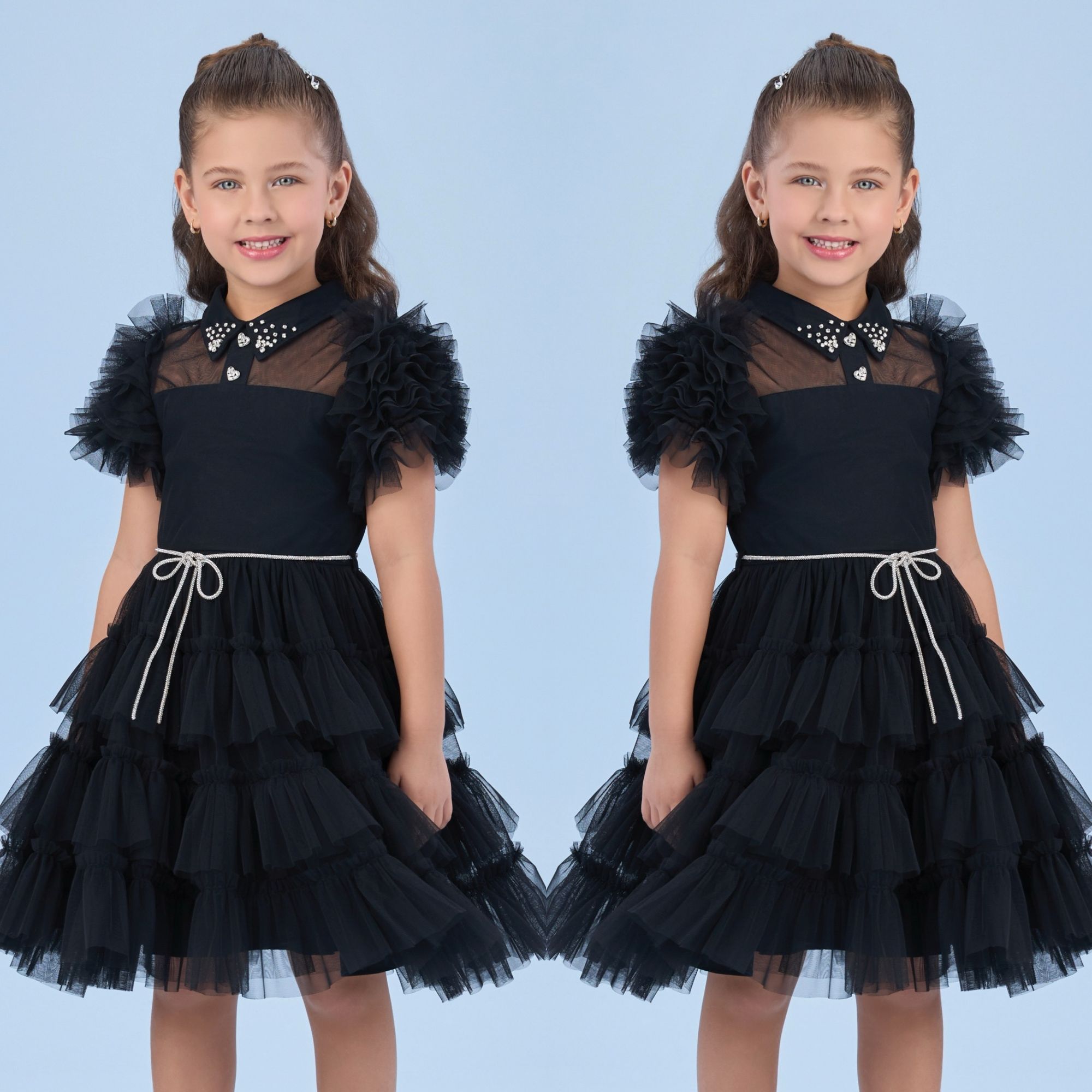 Vestido Infantil de Festa Petit Cherie Preto Sobrep. Tule Manga Frufru Gola Strass Cinto Strass