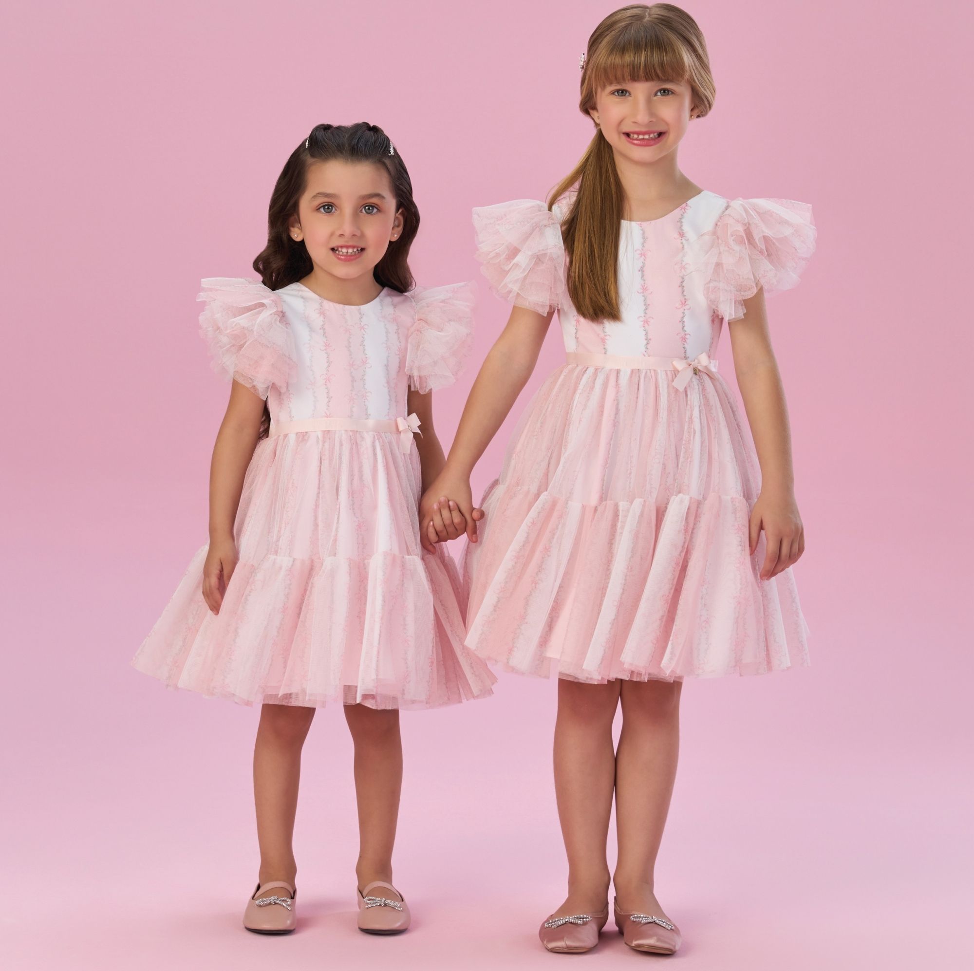 Vestido Infantil de Festa Petit Cherie Rosa Claro Sobrep. Tule Floral Listrado Manga Babado