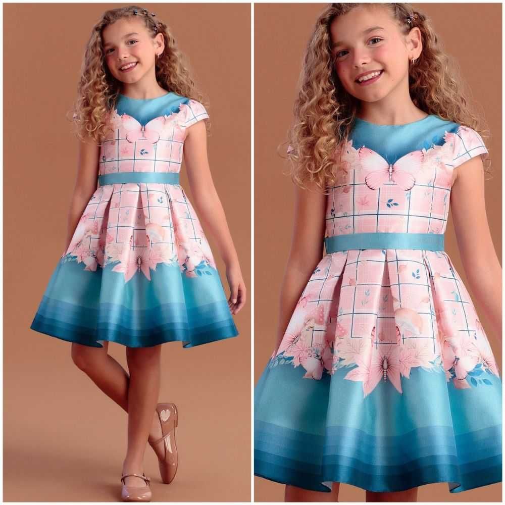 Vestido Infantil de Festa Petit Cherie Rosa e Azul com Borboletas e Flores