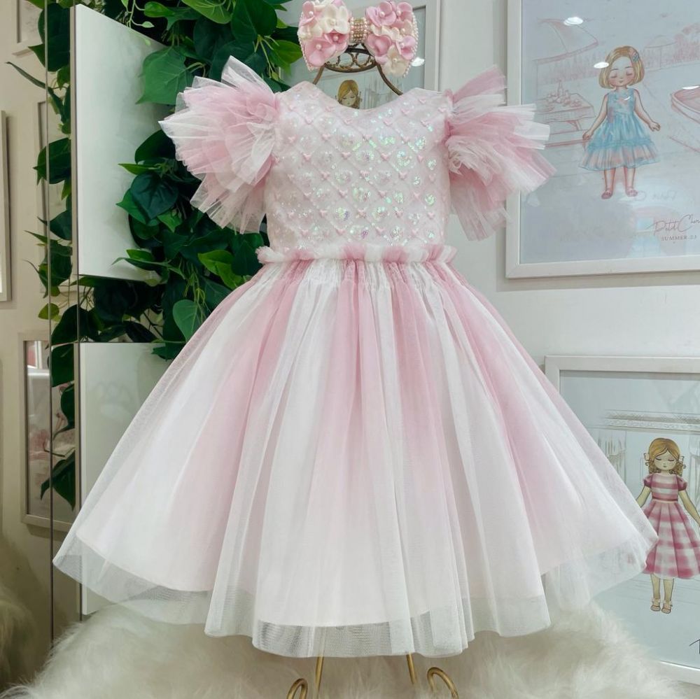 Vestido Infantil de Festa Petit Cherie Rosa e Branco Bordado Corações com Babados em Tule 