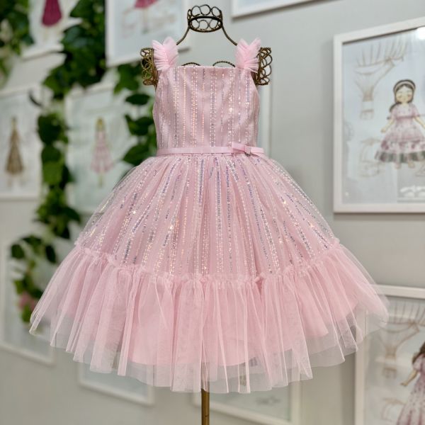 Vestido Infantil de Festa Petit Cherie Rosa Manga Frufru Aplic. Lantejoulas Laço Cintura Babado