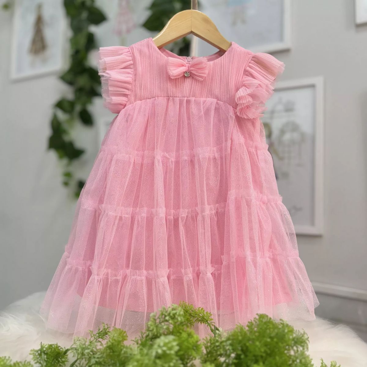 Vestido Infantil de Festa Petit Cherie Rosa Manga Frufru Sobrep.Tule Brilho Laço Babados