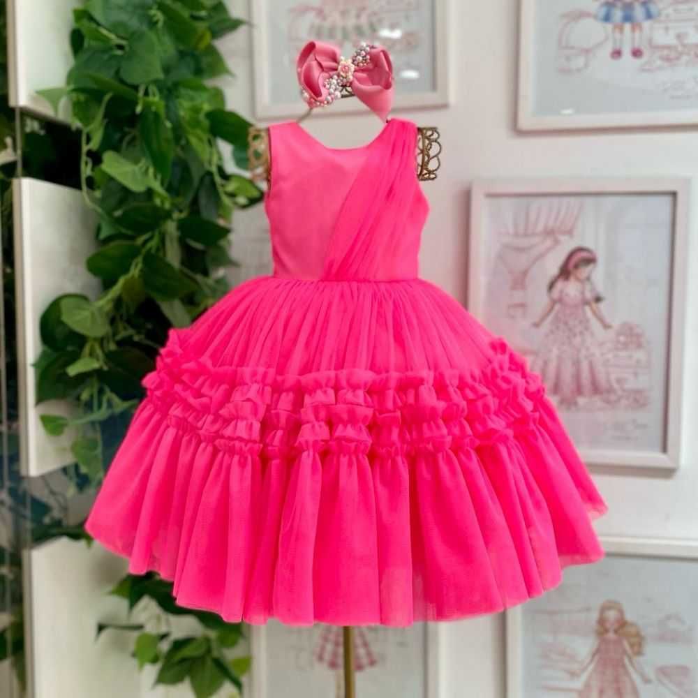 Vestido Infantil de Festa Petit Cherie Rosa Neon com Sobreposição Tule em Camadas e Babados