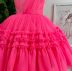 Vestido Infantil de Festa Petit Cherie Rosa Neon com Sobreposição Tule em Camadas e Babados