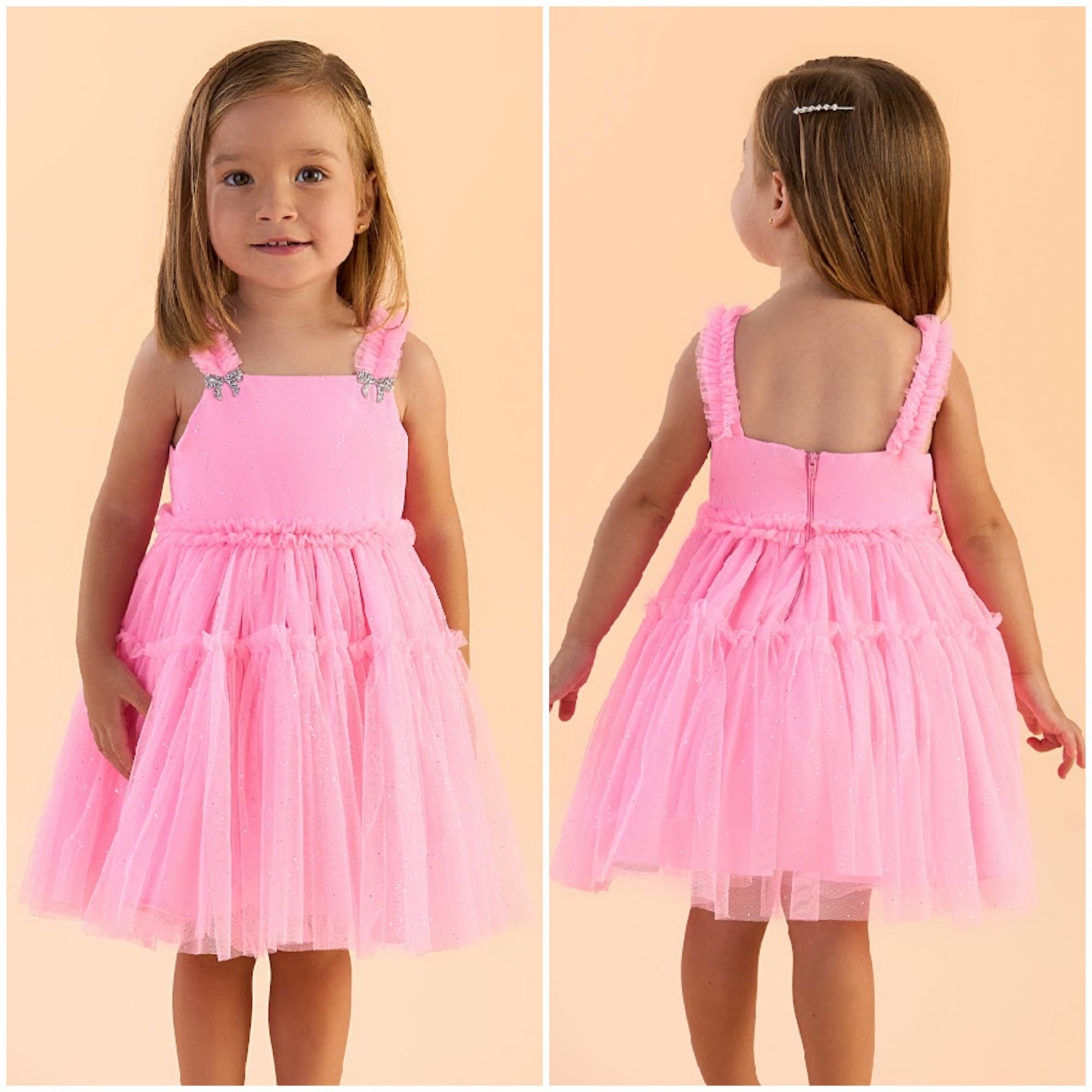 Vestido Infantil de Festa Petit Cherie Rosa Neon Sobrep. Tule Brilho Alcinha e Lacinhos Strass