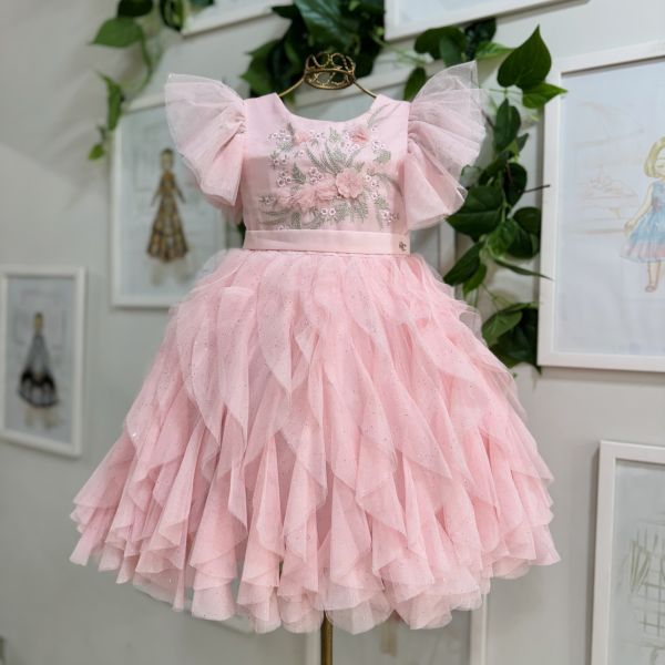 Vestido Infantil de Festa Petit Cherie Rose Bordado Flores Sobrep. Tule Brilho Manga Babados