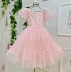 Vestido Infantil de Festa Petit Cherie Rosé Sobrep. Tule Bordado Flores Paetês Manga Bufante