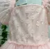 Vestido Infantil de Festa Petit Cherie Rosé Sobrep. Tule Bordado Flores Paetês Manga Bufante