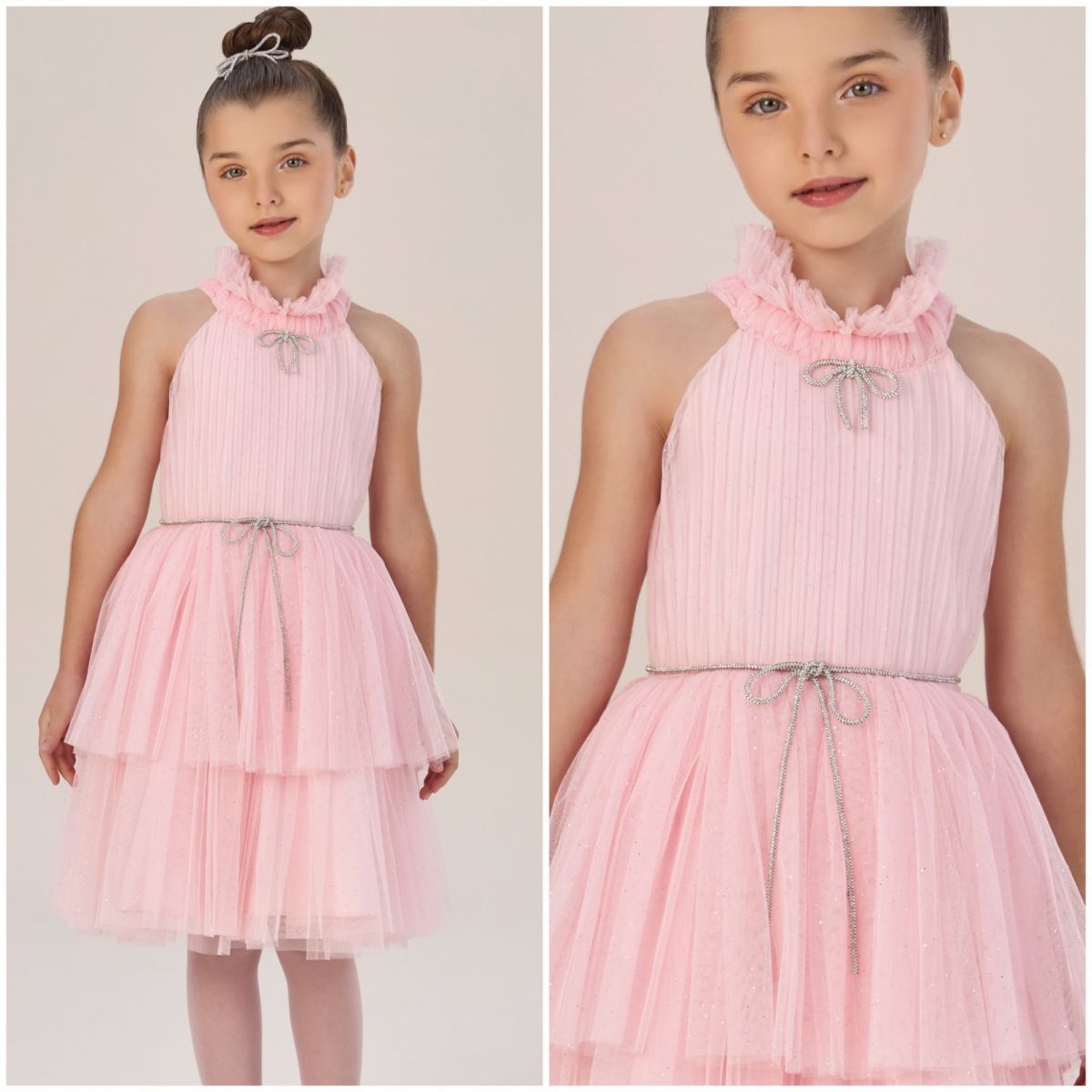 Vestido Infantil de Festa Petit Cherie Rose Sobrep. Tule Brilho Laço e Cinto Strass