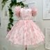 Vestido Infantil de Festa Petit Cherie Rose Sobrep. Tule Xadrez Laço Perolas Manga Fru Fru