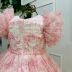 Vestido Infantil de Festa Petit Cherie Rose Sobrep. Tule Xadrez Laço Perolas Manga Fru Fru