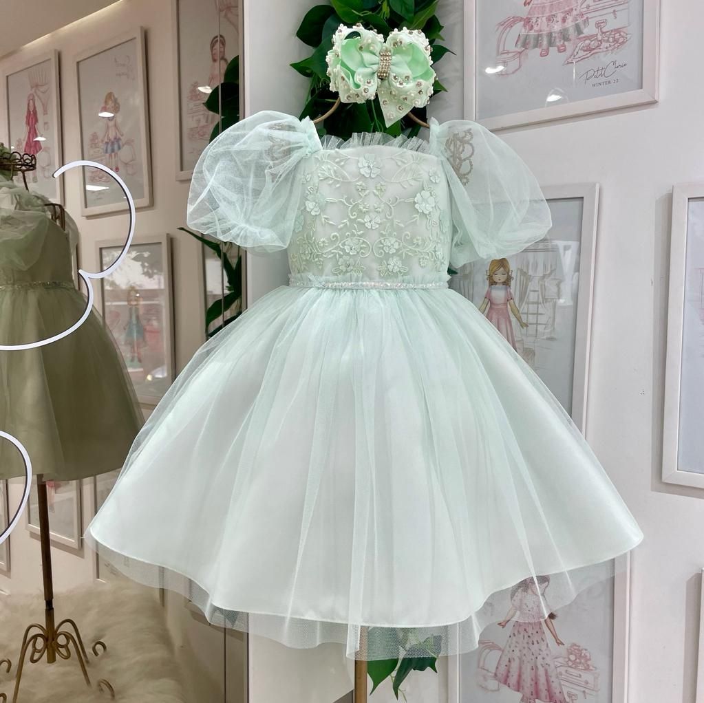 Vestido Infantil de Festa Petit Cherie Verde Mangas Bufantes Bordado Flores e Sobrep em Tule