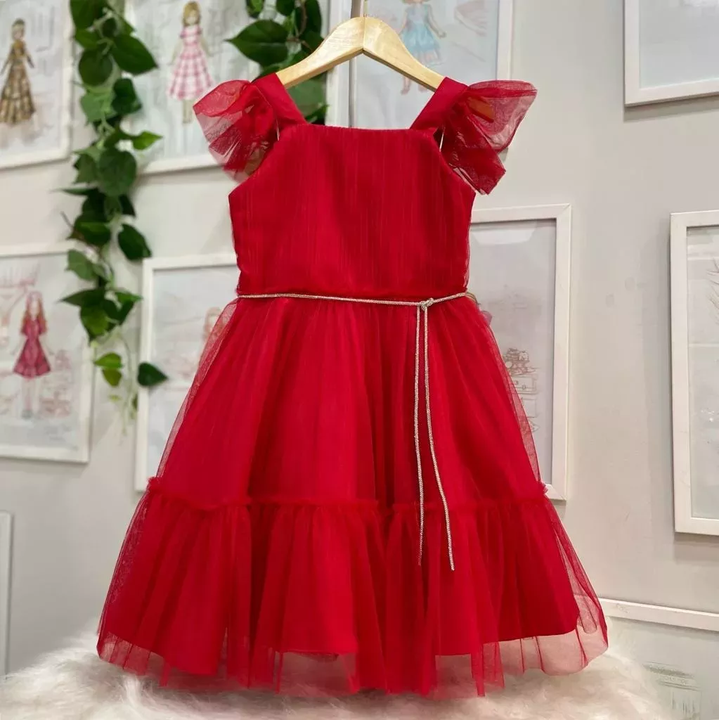 Vestido Infantil de Festa Petit Cherie Vermelho de Tule com Cinto Strass