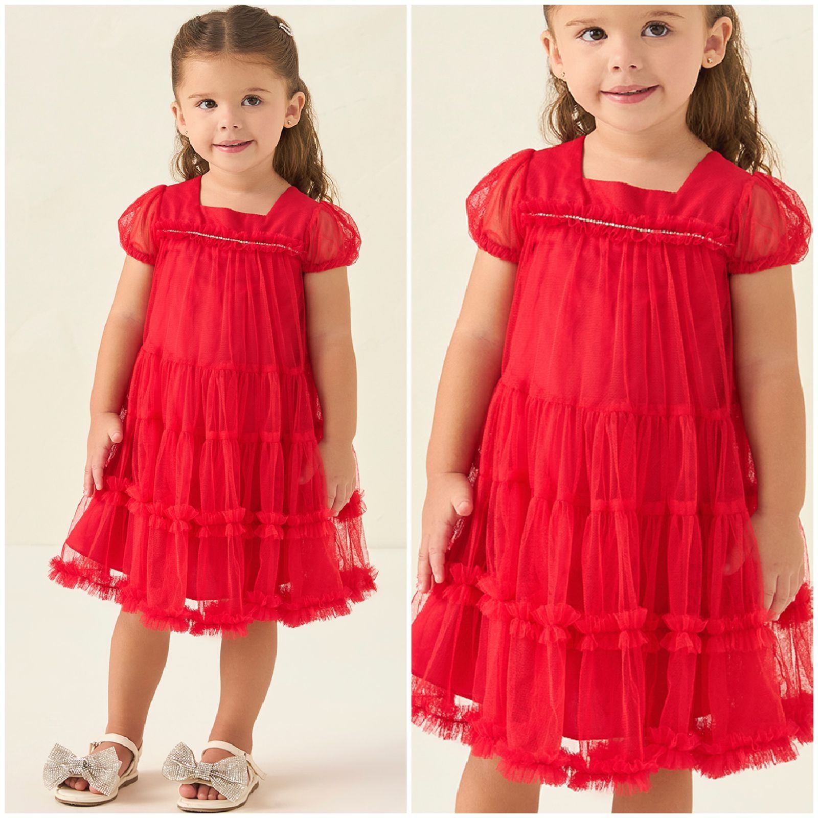 Vestido Infantil de Festa Petit Cherie Vermelho Sobrep. Tule em Camadas Strass