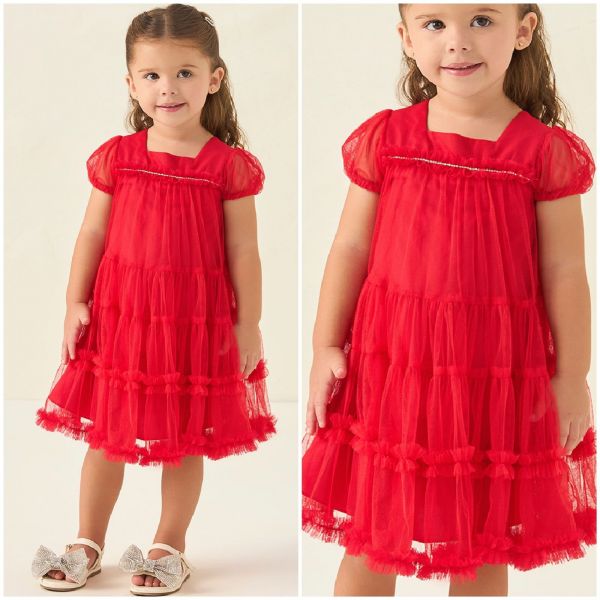 Vestido Infantil de Festa Petit Cherie Vermelho Sobrep. Tule em Camadas Strass