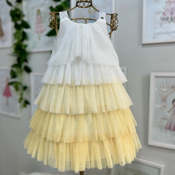 Vestido Infantil de Festa Petit Cherie Off White Alça Fina Tule Sobrep.Tule Brilho Degradê Amarelo