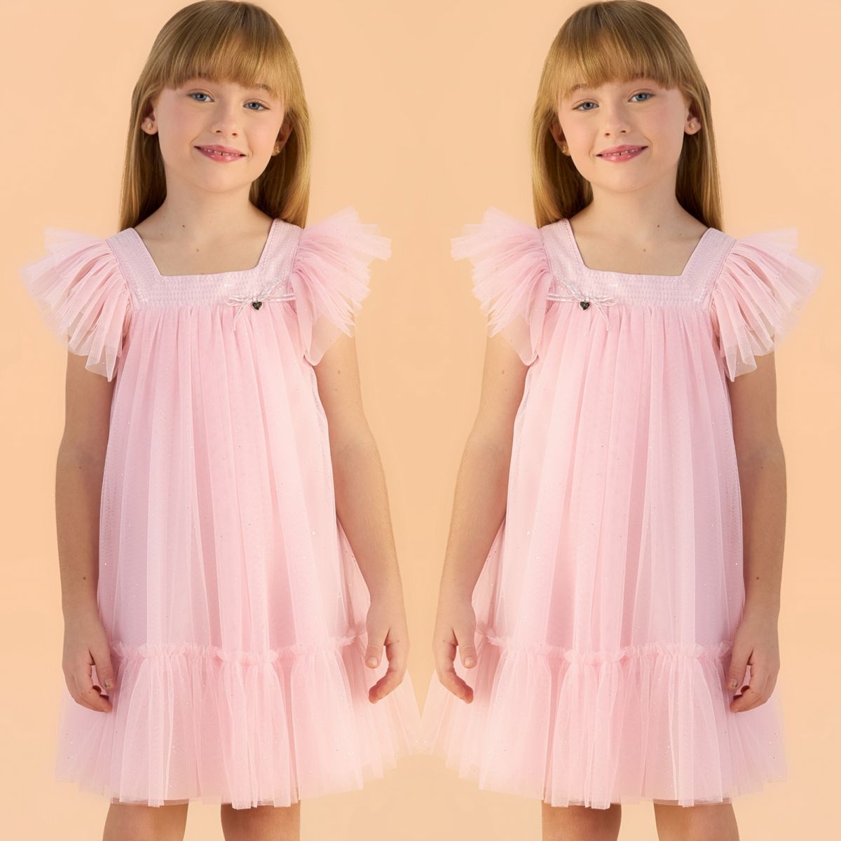 Vestido Infantil de Festa Petit Cherie Rosa Ombros Flutuantes  Lantejoulas Sobrep.Tule Brilho